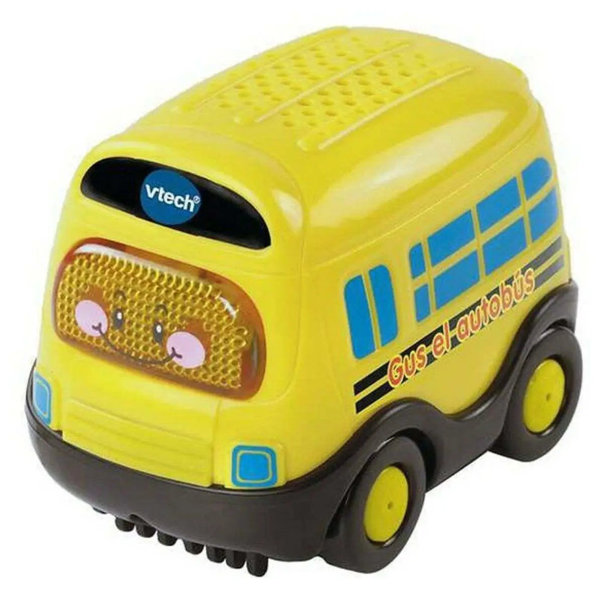 Hellgelber plastikspielzeug schulbus von vtech tut tut mit blauen fensterstickern und interaktiven lichtern