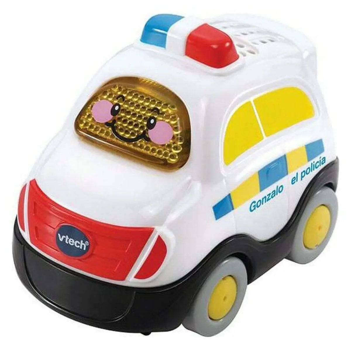 Weißes plastikspielzeug polizeiauto von vtech tut tut mit licht gelben akzenten und lachendem gesicht auf der windschutzscheibe
