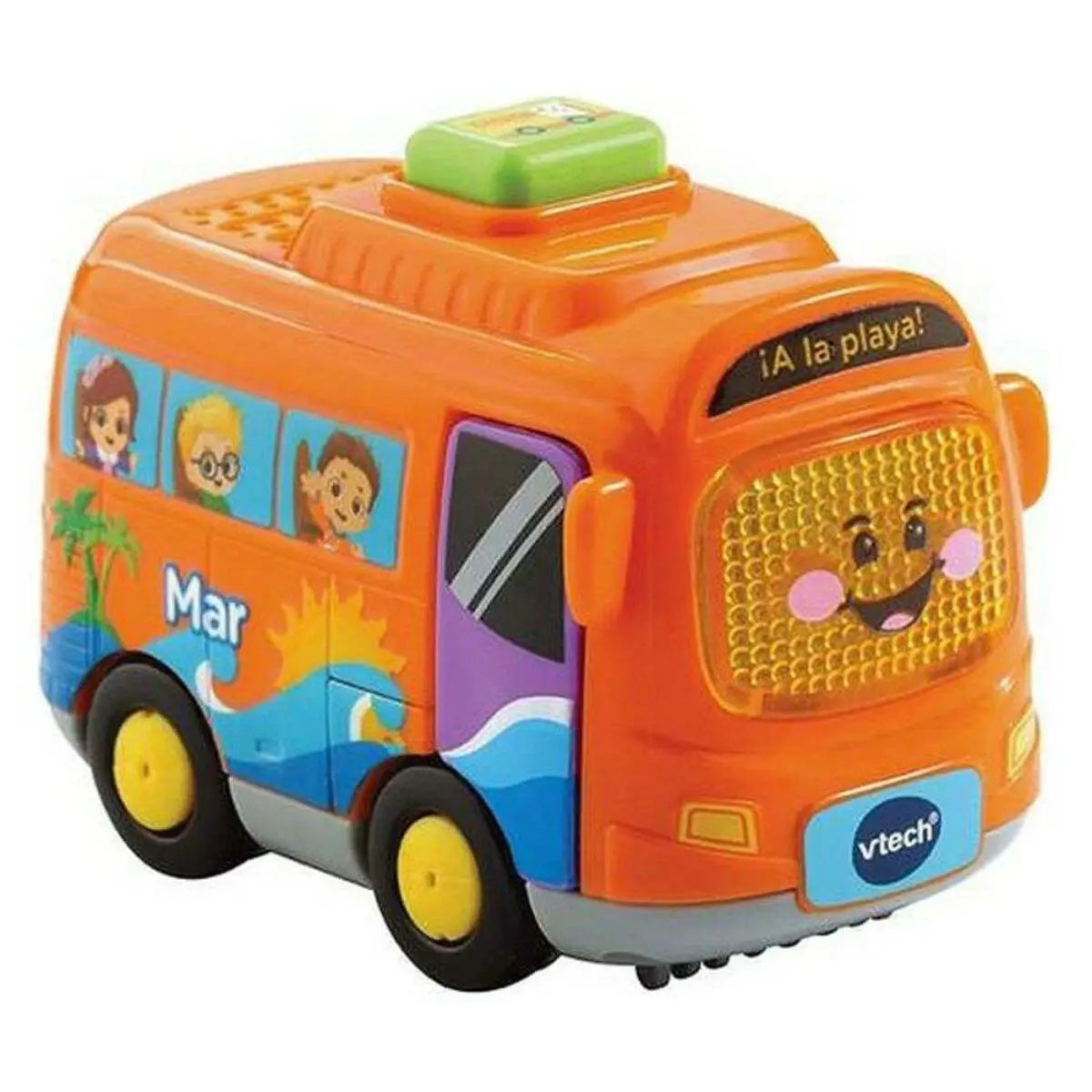 Orange plastikkinderbus mit lächelndem gesicht und bunten cartoonfiguren vtech tut tut interaktives spielauto mit licht