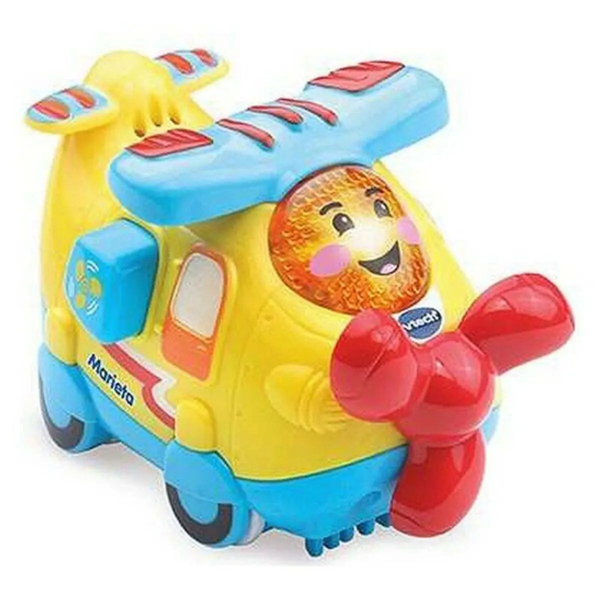 Buntes vtech marieta spielzeugflugzeug in gelb und blau mit rotem propeller und interaktiven knöpfen
