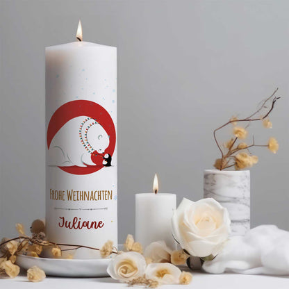 Große Kerze "Eisbär & Pinguin" mit Namen zu Weihnachten