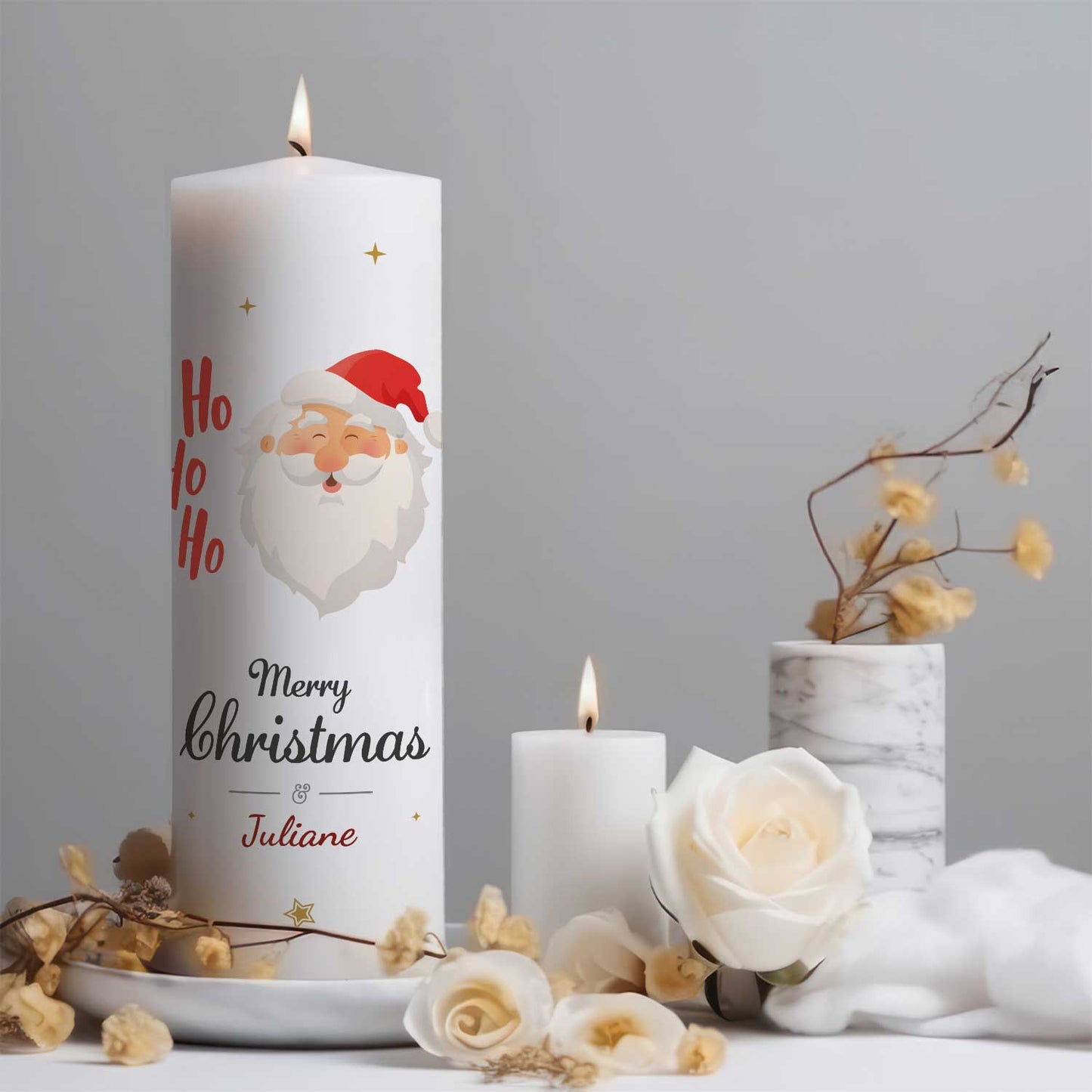 Große Kerze "Ho Ho Ho" bedruckt mit Namen zu Weihnachten
