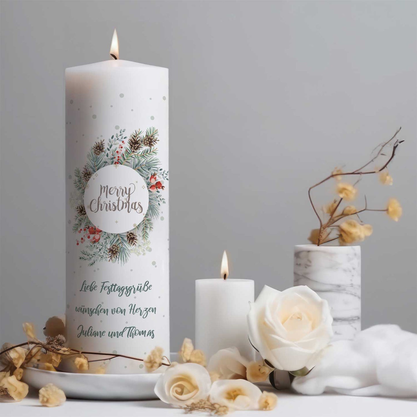 Große Kerze "Natur" mit Wunschtext zu Weihnachten