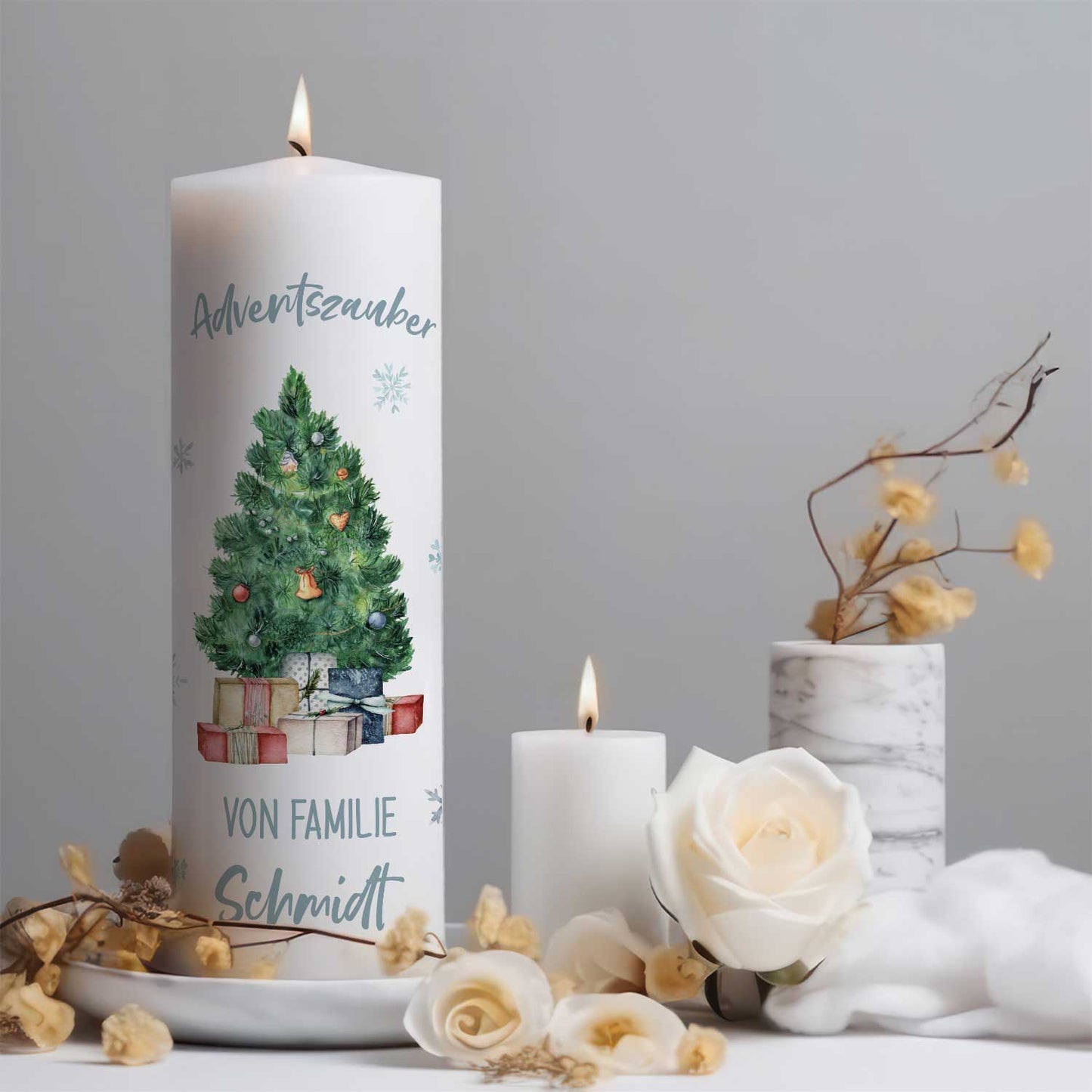 Große Kerze "Adventszauber" mit Namen zu Weihnachten