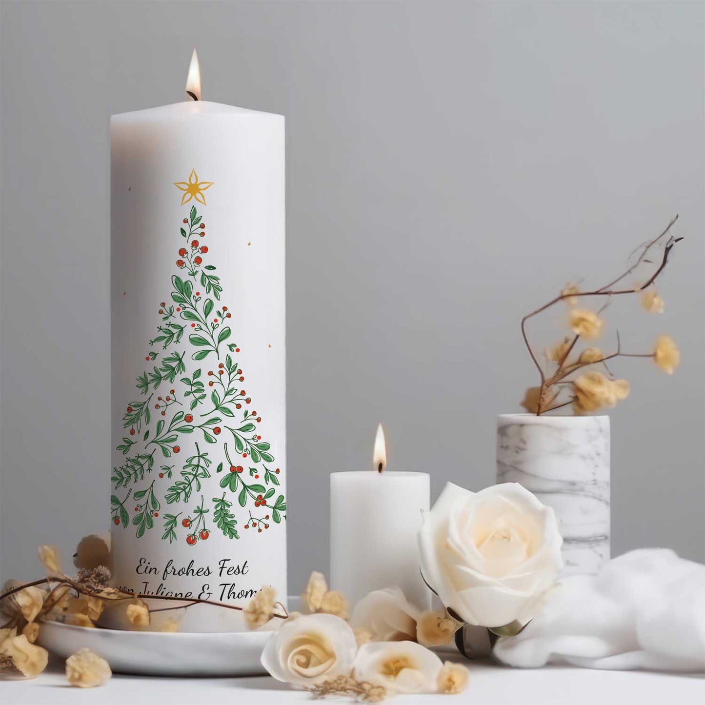 Große Kerze "Tannenbaum" bedruckt mit Namen & Wunschtext zu Weihnachten