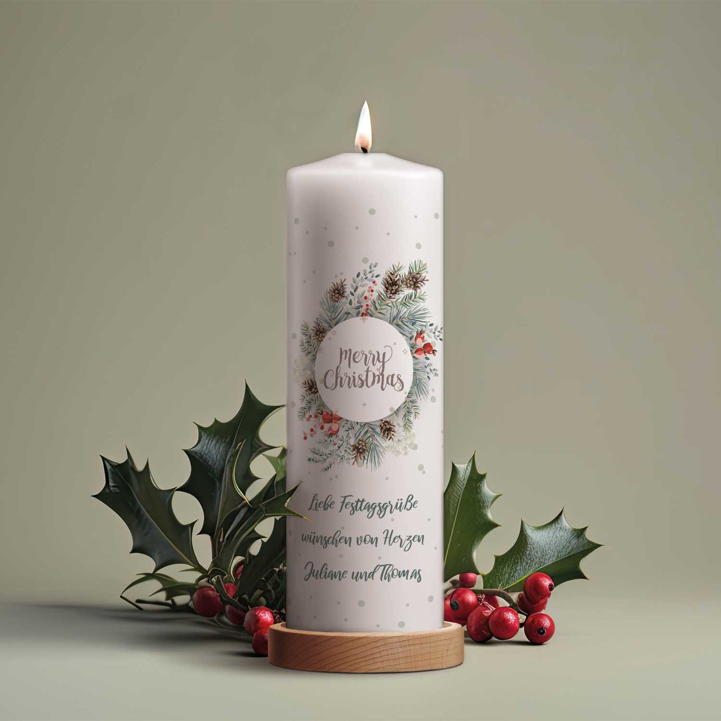 Große Kerze "Natur" mit Wunschtext zu Weihnachten