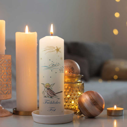Große Kerze "Engel & Schwalbe" bedruckt mit Wunschtext zu Weihnachten