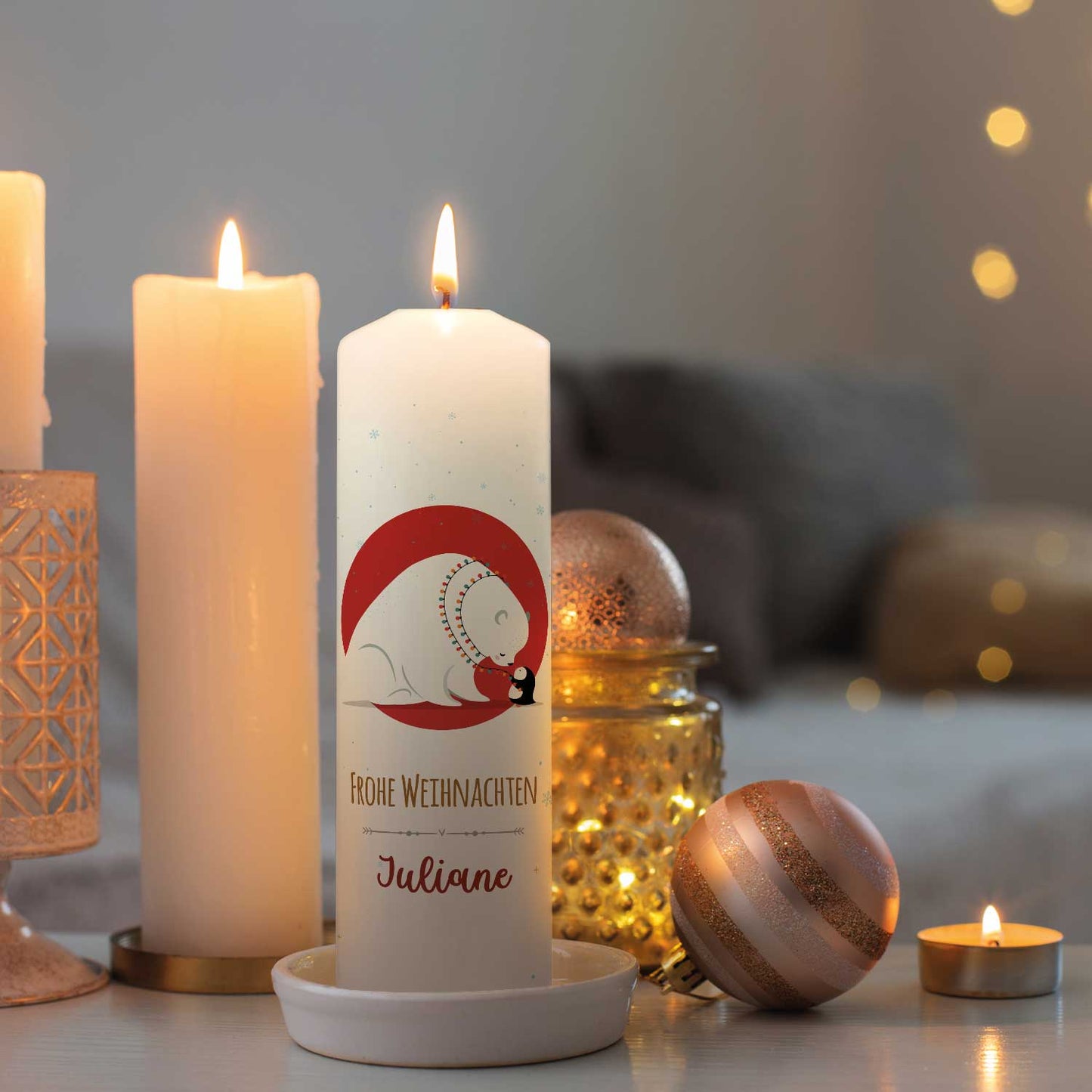 Große Kerze "Eisbär & Pinguin" mit Namen zu Weihnachten