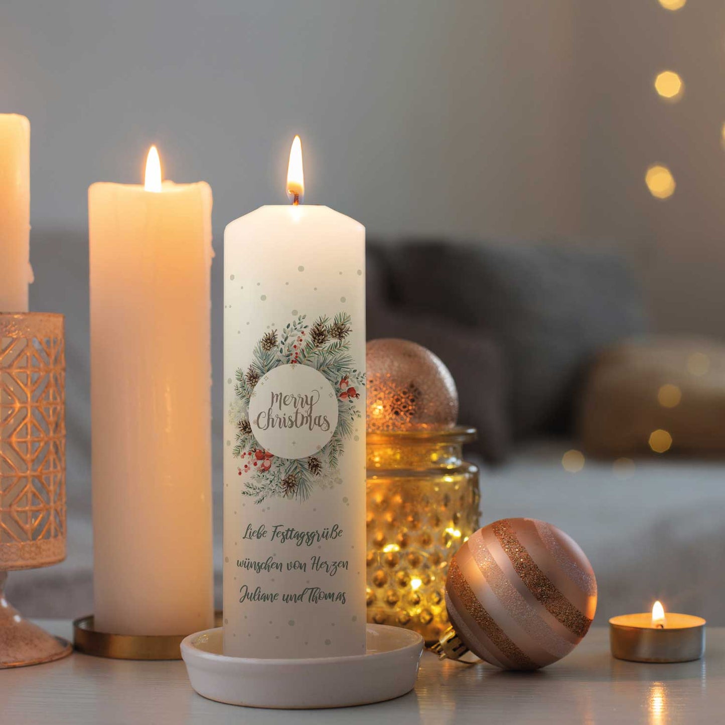 Große Kerze "Natur" mit Wunschtext zu Weihnachten