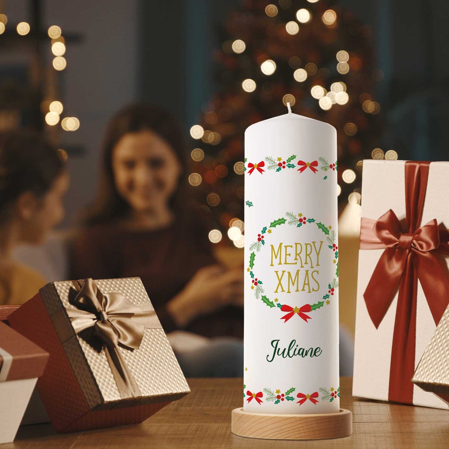 Große Kerze "Classic" Merry XMas mit Namen zu Weihnachten