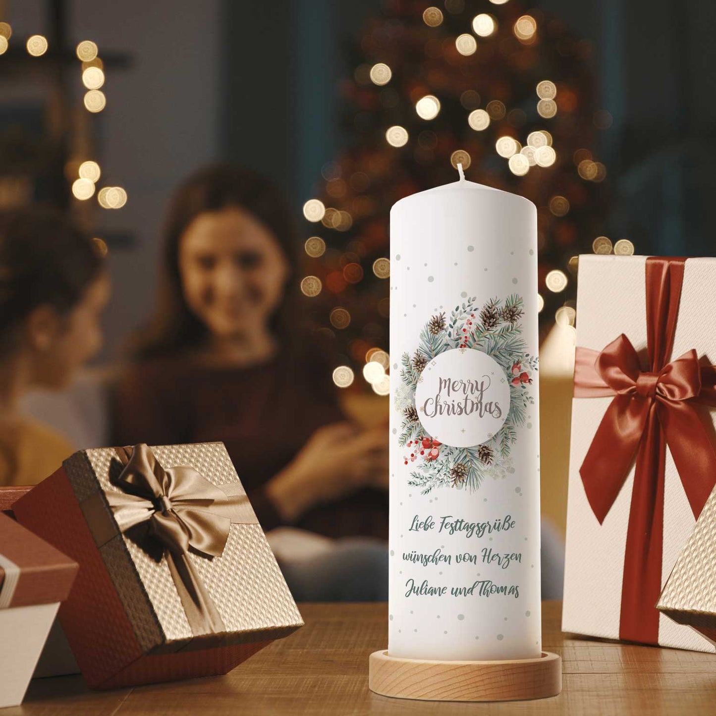 Große Kerze "Natur" mit Wunschtext zu Weihnachten