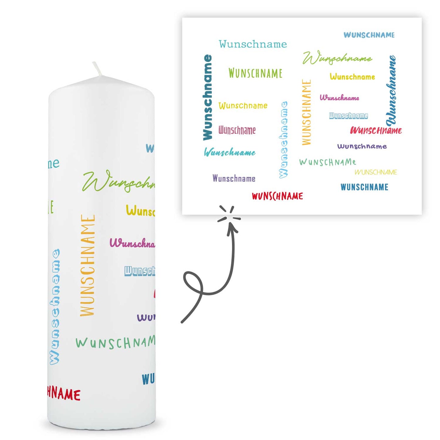 Große Kerze mit Namen in verschiedenen Schriftarten & Farben