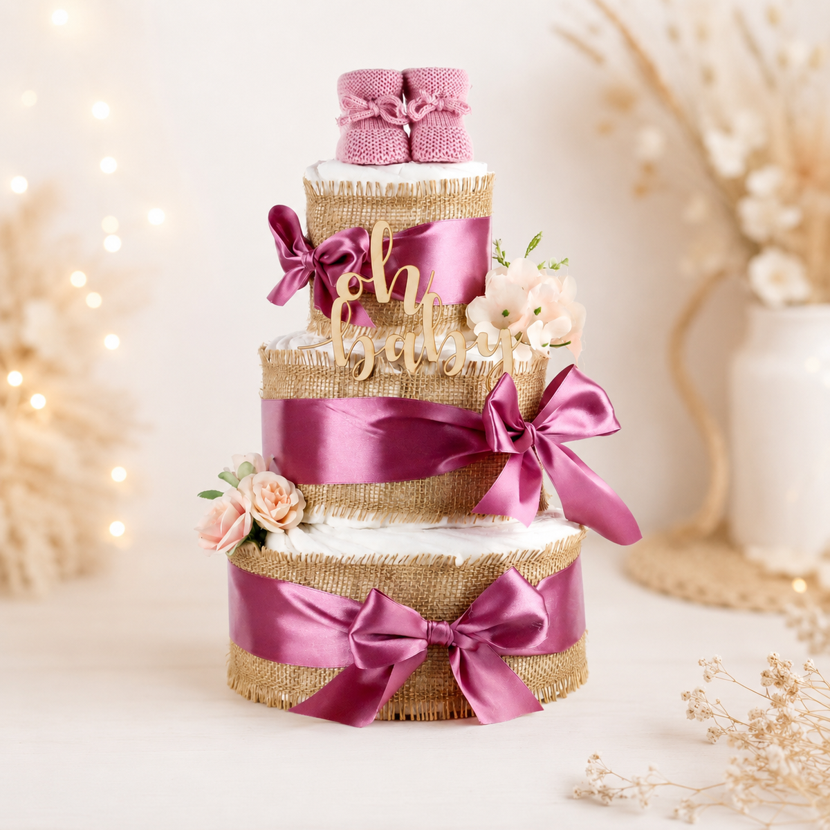 Windeltorte ALLES JUTE zur Geburt – Boho in Plum