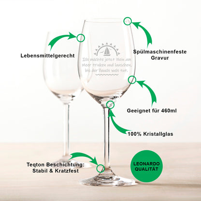 Leonardo Weinglas mit Gravur "Ich möchte jetzt Wein am Meer trinken"