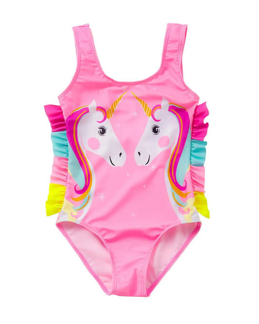 Pink einteiler schwimmanzug mit 3d einhörnern und bunten rüschen für mädchen von 2 bis 9 jahren