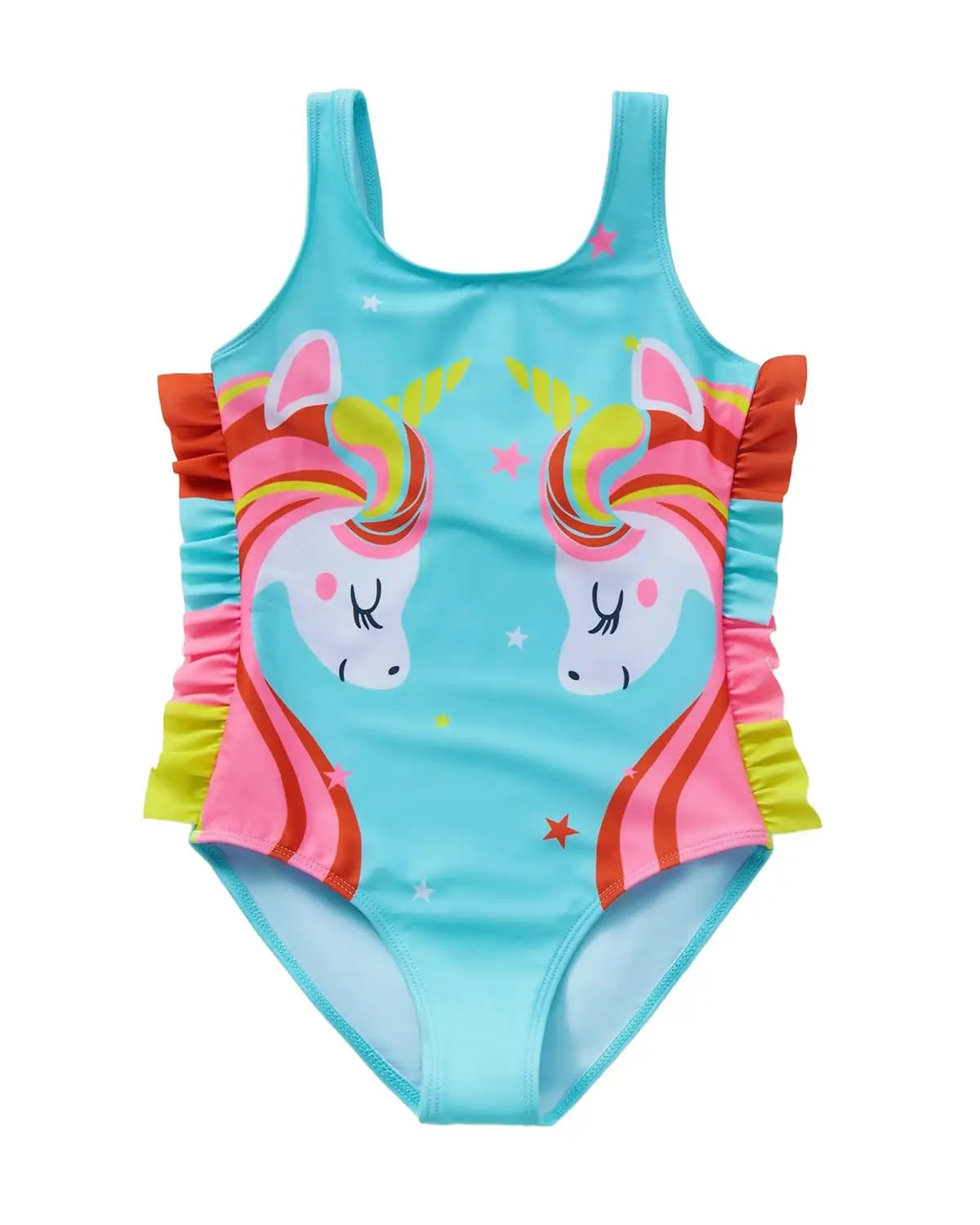 Jiamy badeanzug mädchen türkis einteiler mit 3d einhörnern und ruches in pink orange lime grün für kinder