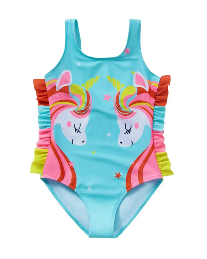 Turquoise einteiler badeanzug für mädchen mit 3d cartoon einhörnern und bunten rüschenseiten von jiAmy