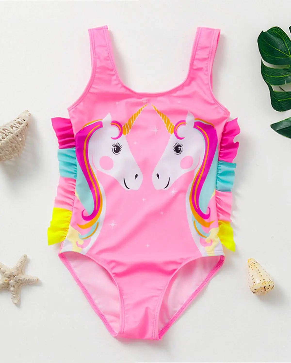 Pink einteiler schwimmanzug für mädchen mit 3d einhorn und rüscheneinsätzen von jiAmy für kinder 2-9 jahre