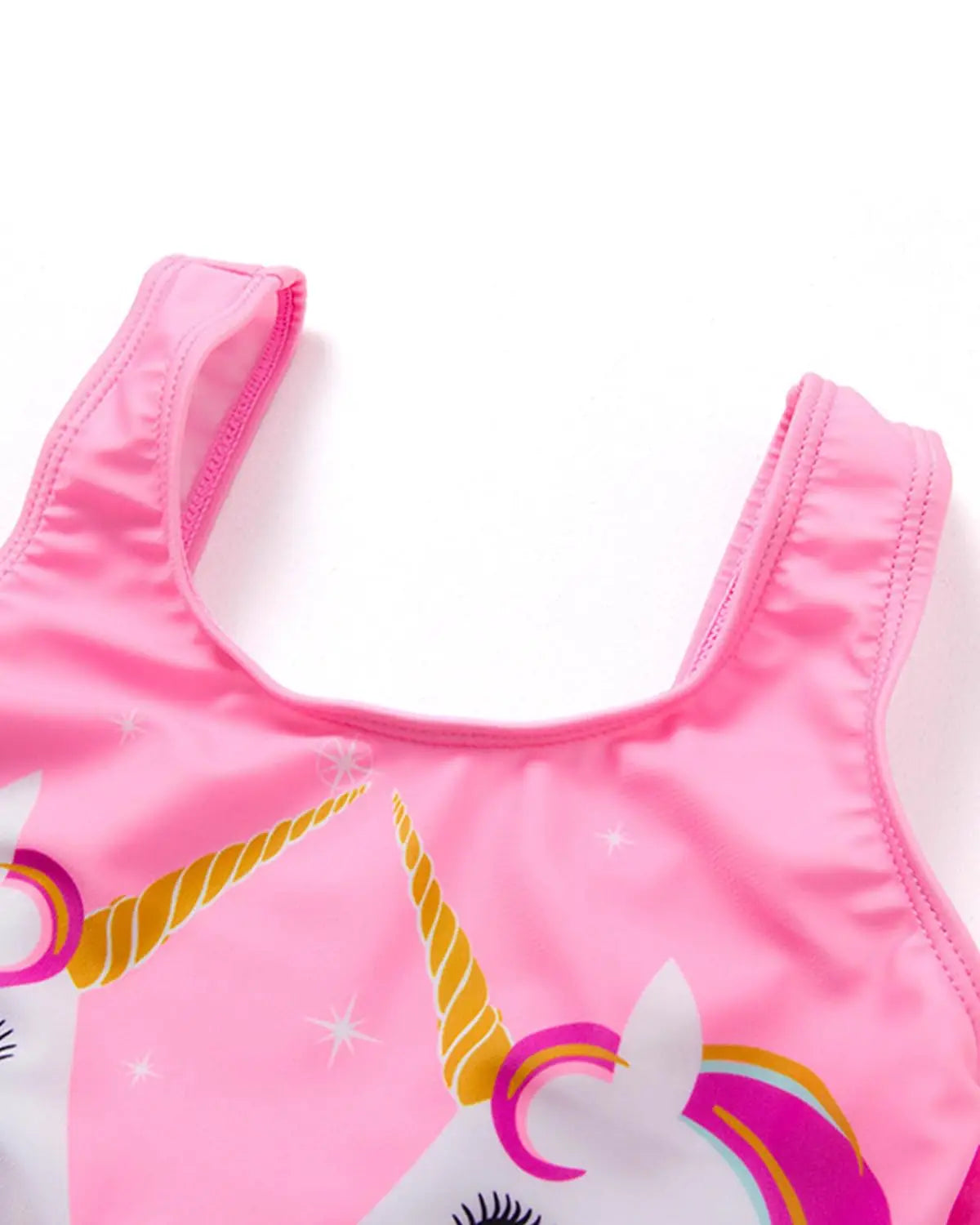 Rosa einteiler schwimmanzug mit 3d einhorn motive goldene glänzende hörner und regenbogenmähne für mädchen