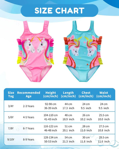 Pink und hellblaue einteiler schwimmanzüge mit 3d einhornmotiv und rüschensäumen von jiamy für mädchen 2-9 jahre