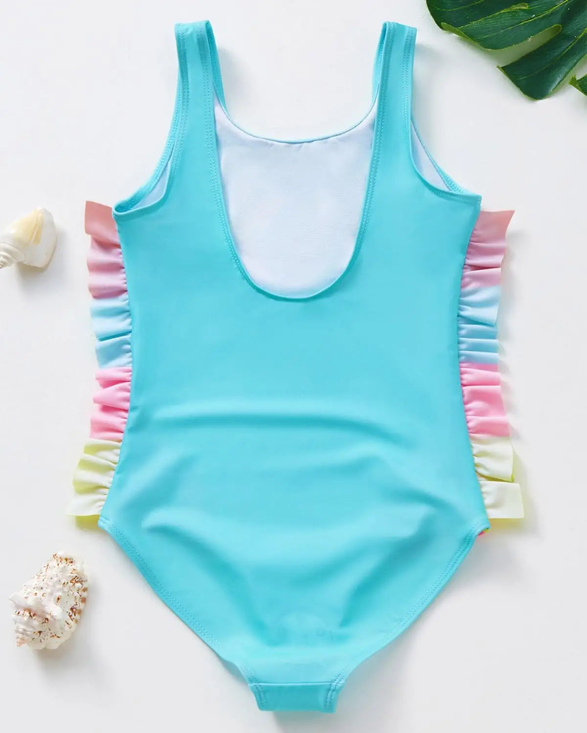 Türkisfarbiger einteiler schwimmanzug mit buntem volantenbesatz seitlich für mädchen von jiAmy badeanzüge