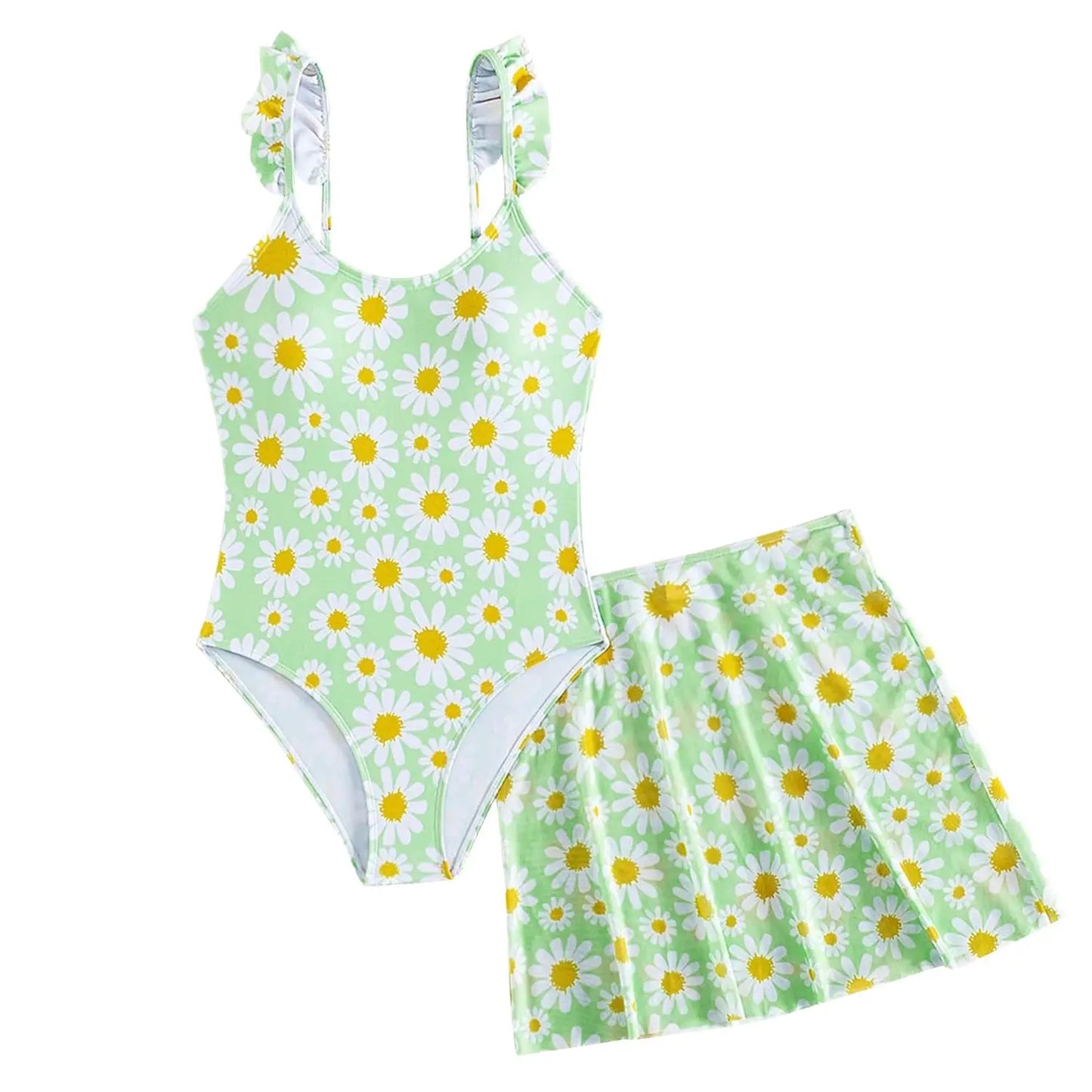 JiAmy Girls ONE Piece Swimsuit with Ruffle Skirt Summer Beach Bathing Suit Daisy Floral Girls Swimwear for 8-12 Years (120-160cm) 