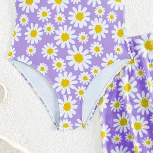 JiAmy Girls ONE Piece Swimsuit with Ruffle Skirt Summer Beach Bathing Suit Daisy Floral Girls Swimwear for 8-12 Years (120-160cm) 