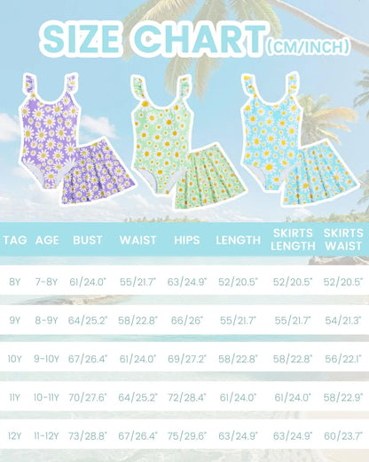 JiAmy Girls ONE Piece Swimsuit with Ruffle Skirt Summer Beach Bathing Suit Daisy Floral Girls Swimwear for 8-12 Years (120-160cm) 
