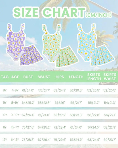 JiAmy Girls ONE Piece Swimsuit with Ruffle Skirt Summer Beach Bathing Suit Daisy Floral Girls Swimwear for 8-12 Years (120-160cm) 