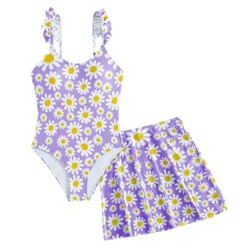 JiAmy Girls ONE Piece Swimsuit with Ruffle Skirt Summer Beach Bathing Suit Daisy Floral Girls Swimwear for 8-12 Years (120-160cm) 