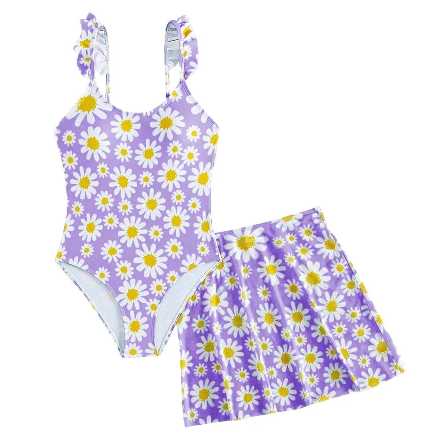 JiAmy Girls ONE Piece Swimsuit with Ruffle Skirt Summer Beach Bathing Suit Daisy Floral Girls Swimwear for 8-12 Years (120-160cm) 