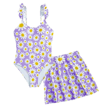 JiAmy Girls ONE Piece Swimsuit with Ruffle Skirt Summer Beach Bathing Suit Daisy Floral Girls Swimwear for 8-12 Years (120-160cm) 