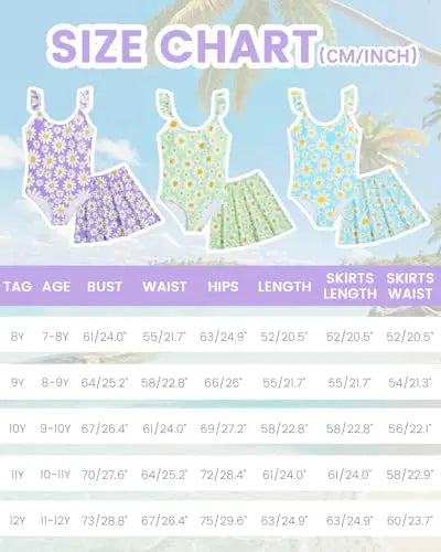 JiAmy Girls ONE Piece Swimsuit with Ruffle Skirt Summer Beach Bathing Suit Daisy Floral Girls Swimwear for 8-12 Years (120-160cm) 