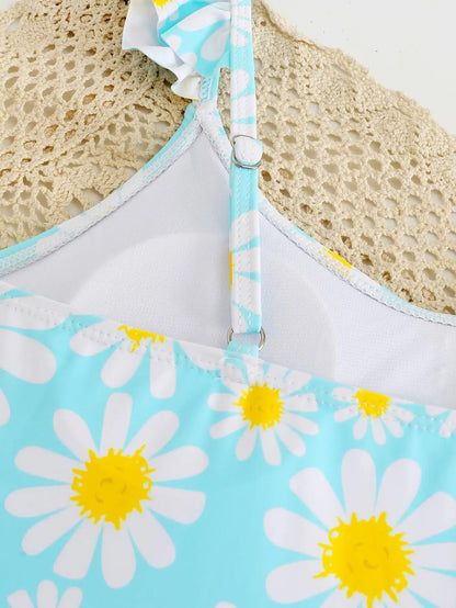 JiAmy Girls ONE Piece Swimsuit with Ruffle Skirt Summer Beach Bathing Suit Daisy Floral Girls Swimwear for 8-12 Years (120-160cm) 