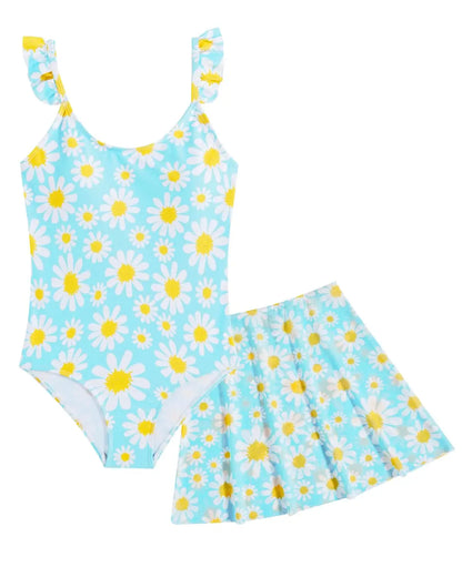 JiAmy Girls ONE Piece Swimsuit with Ruffle Skirt Summer Beach Bathing Suit Daisy Floral Girls Swimwear for 8-12 Years (120-160cm) 