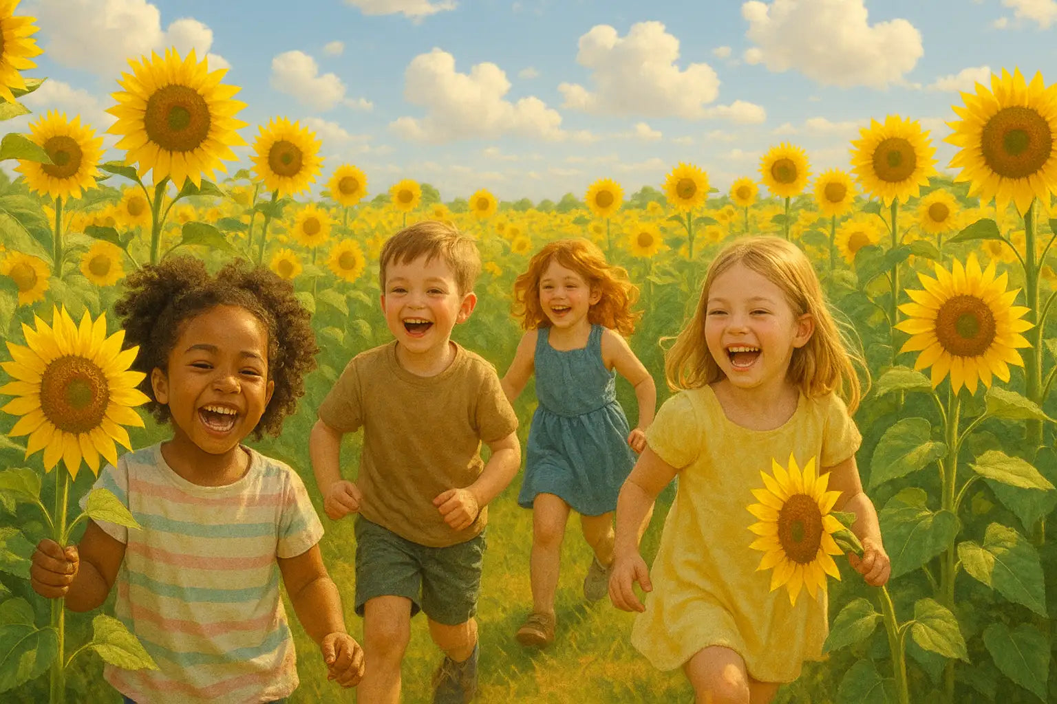 Vier Kinder in legerer Sommerkleidung laufen fröhlich durch ein lebendiges Feld hoher, gelber Sonnenblumen unter einem hellblauen Himmel.