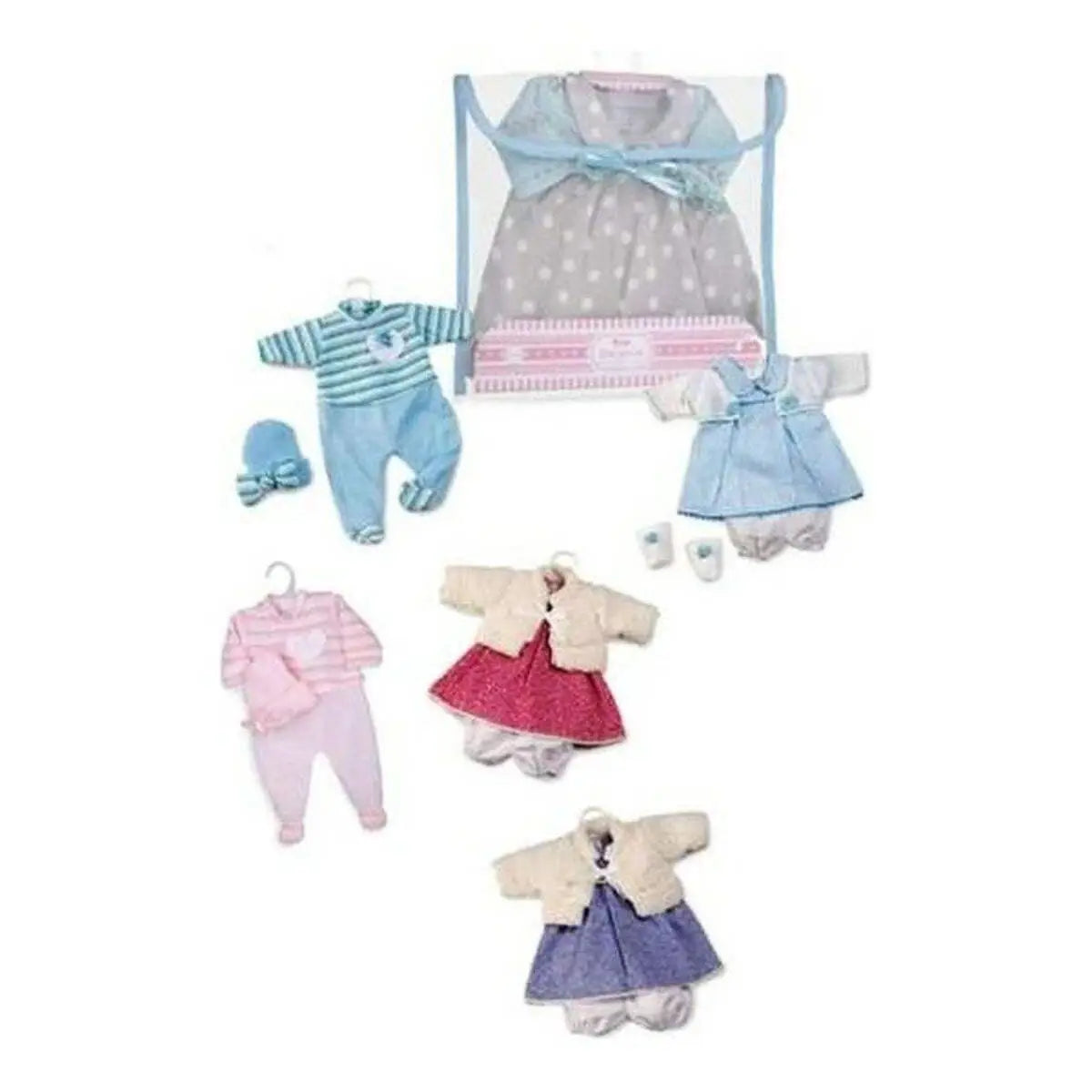 Ein zartes pastellblau weiß gepunktetes kleid mit passender schleife für puppen arias 6056 in originalverpackung