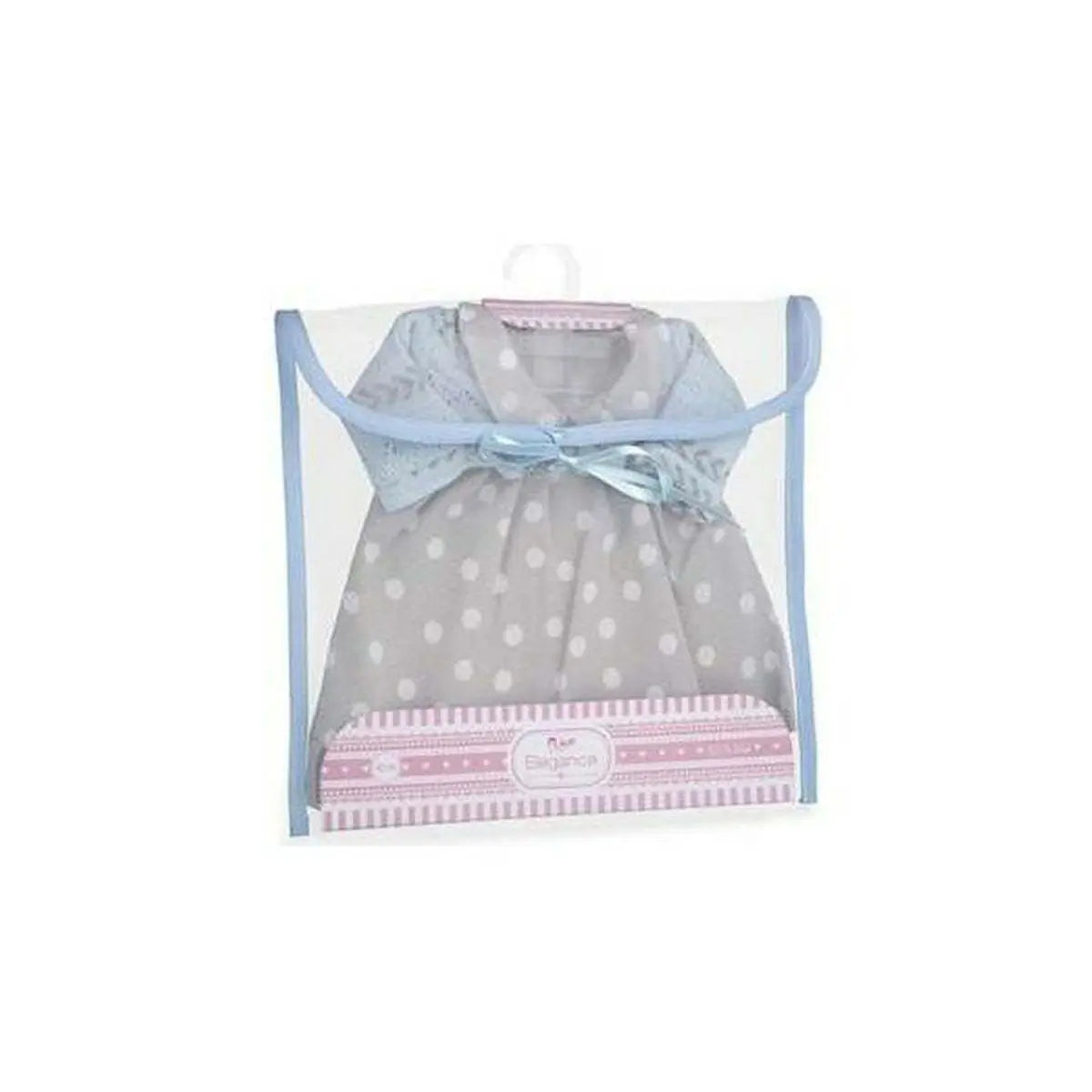 Hochwertige puppenkleidung kleid grau mit punkten und hellblauer spitze für arias puppen 42 cm in plastikverpackung