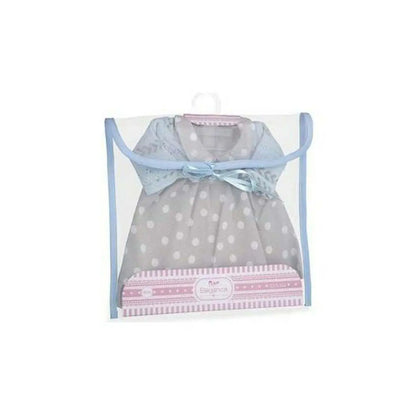 Hochwertige puppenkleidung kleid grau mit punkten und hellblauer spitze für arias puppen 42 cm in plastikverpackung