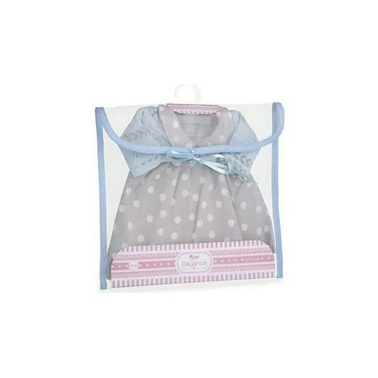 Hochwertige puppenkleidung kleid grau mit punkten und hellblauer spitze für arias puppen 42 cm in plastikverpackung