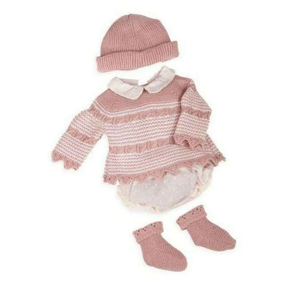 Rosa gestricktes babyoutfit mit streifenmuster und rüschendetails für kleidung für puppen arias reborn 45 cm