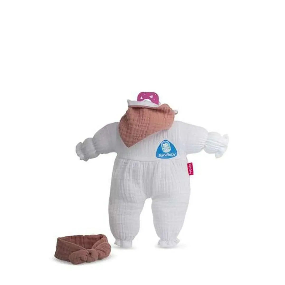 Weißes Baumwoll-onesie mit rosa-weißem Schnuller und passendem altrosa Knotenkopftuch für Berjuan Puppen 28 cm
