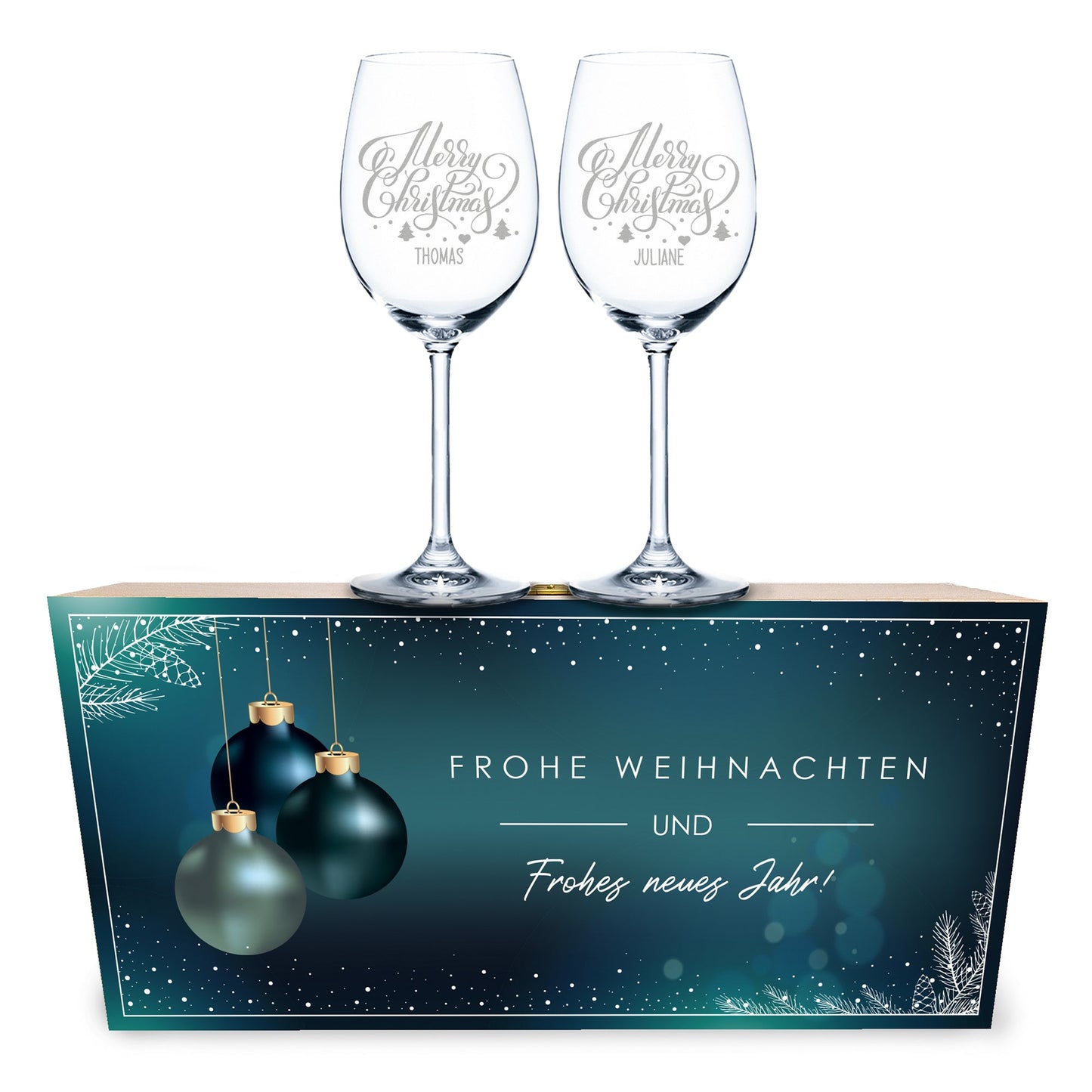 Leonardo Weingläser mit Gravur im "Blaue Weihnacht" Design inkl. Holzkiste