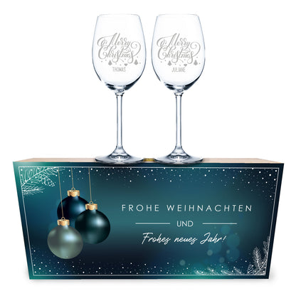 Leonardo Weingläser mit Gravur im "Blaue Weihnacht" Design inkl. Holzkiste