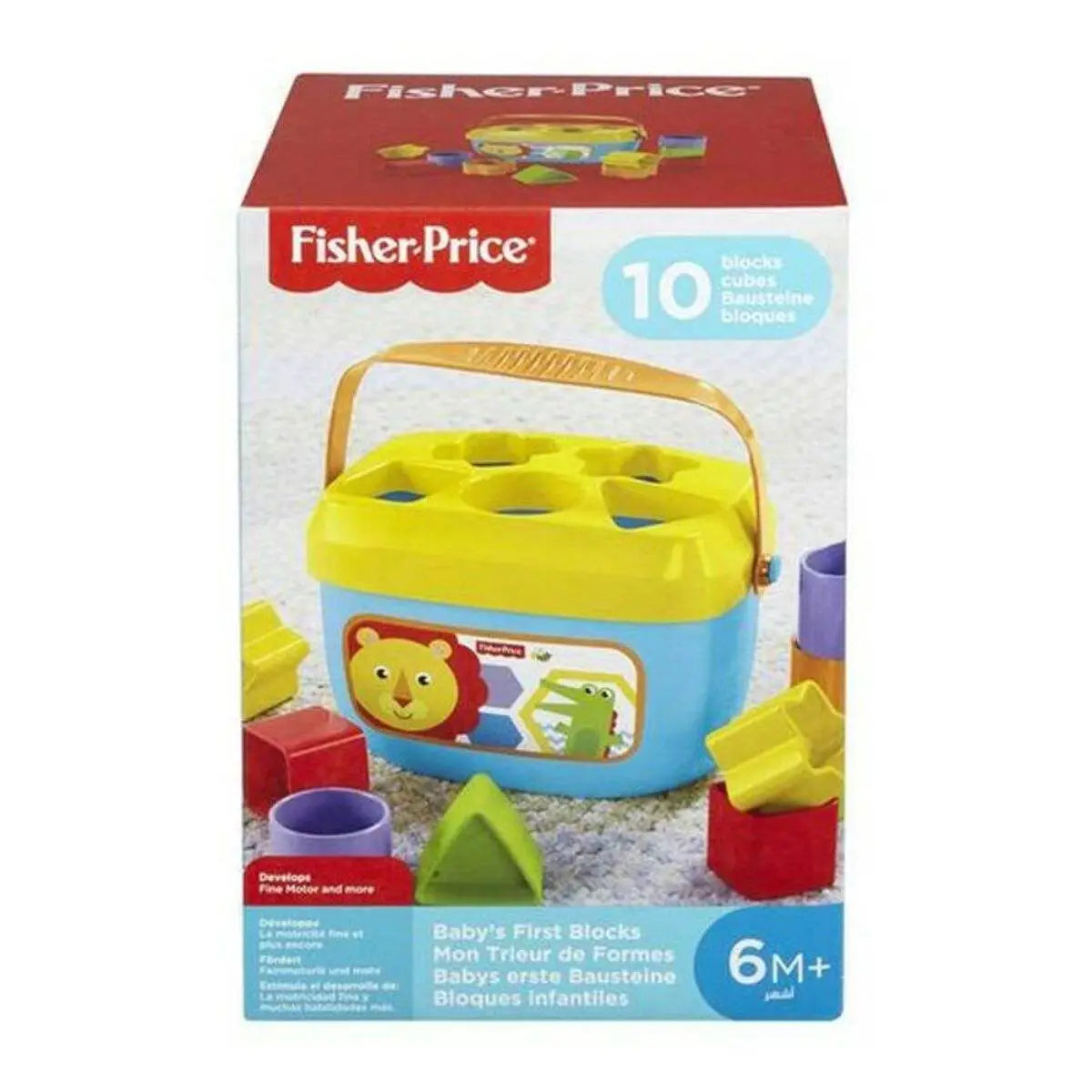 Korb mit bauklötzen von mattel ffc84 aus blauem und gelbem kunststoff mit griff und 10 bunten formen