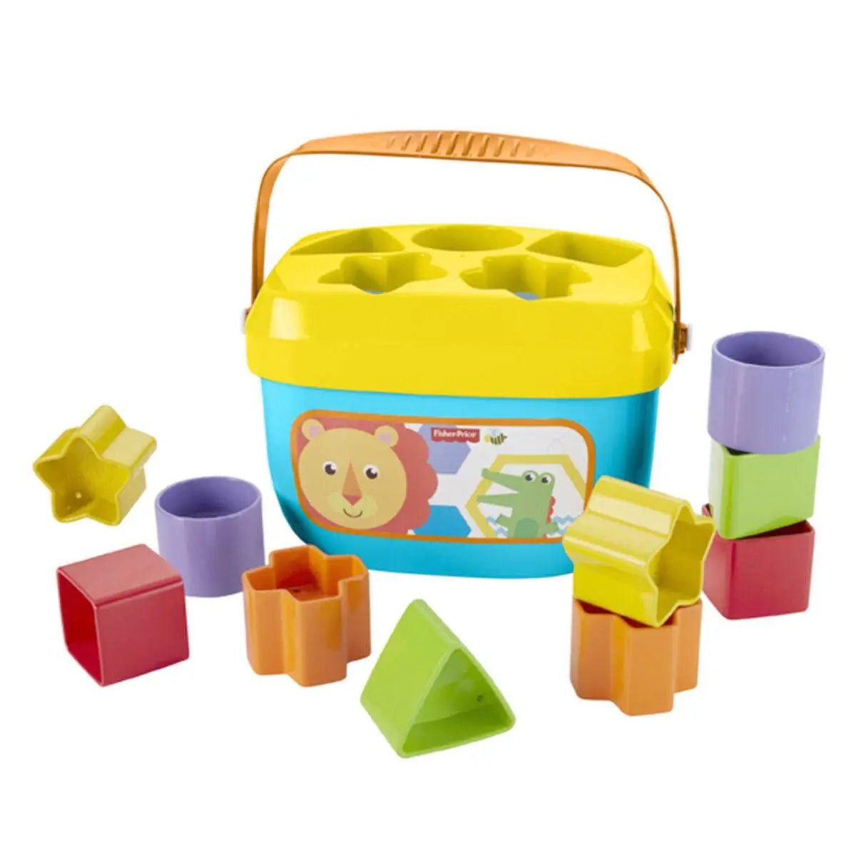 Korb mit bunten bauklötzen mattel ffc84 10 teilig, gelber und blauer shape sorter eimer mit beigem griff