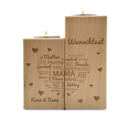 Gravierter Teelichthalter aus Holz im Set mit Namensherz Mama Design
