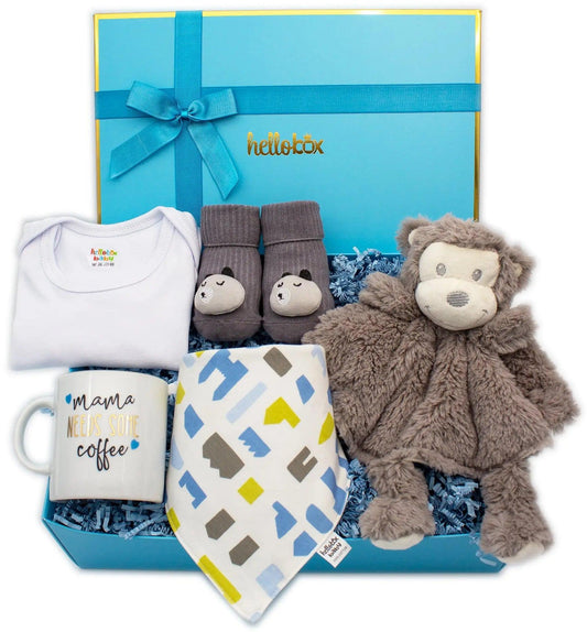 Baby gift for the birth of a boy - security blanket, anti-slip first socks, mom coffee cup, baby body (blue)-0