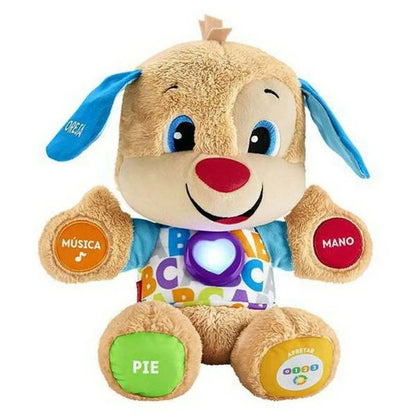 Ein plüschiges tanfarbenes spielzeughund von mattel mit blauen ohren und buntem t-shirt mit musik-knöpfen
