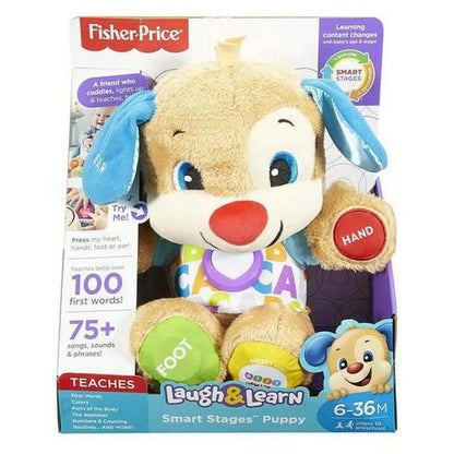 Fisher-price laugh & learn smart stages puppy musikalisches plüschtier von mattel, braun-blau mit bunten interaktiven knöpfen